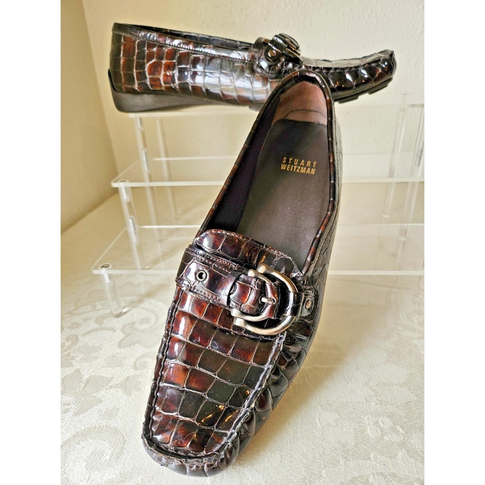 Stuart Weitzman 8.5N Brown Croc‑Embossed Leather Loafers – Made in‎ Spain